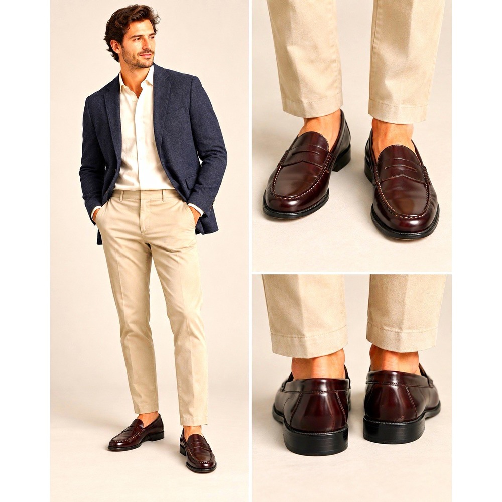 Bostonian Penny Loafer Burgundy Leather Slip-On Almond Toe Moc Toe Stitch US 12